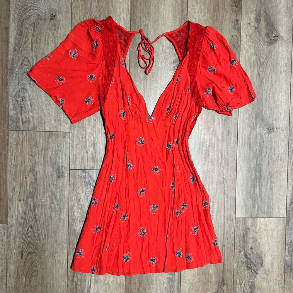 Free People FP Orange Floral Mockingbird Flowy Romantic Dress Size 0